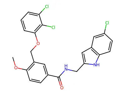 N-[(5-chloro-1H-indol-2-yl)methyl]-3-[(2,3-dichlorophenoxy)methyl]-4-methoxybenzamide structure