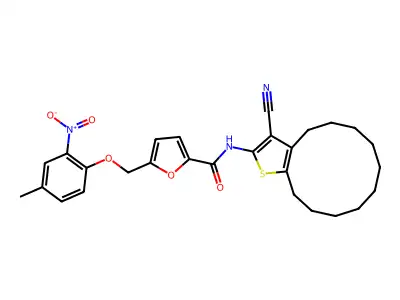 N-(3-cyano-4,5,6,7,8,9,10,11,12,13-decahydrocyclododeca[b]thiophen-2-yl)-5-[(4-methyl-2-nitrophenoxy)methyl]furan-2-carboxamide structure