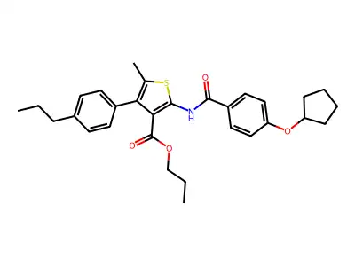 propyl 2-[(4-cyclopentyloxybenzoyl)amino]-5-methyl-4-(4-propylphenyl)thiophene-3-carboxylate structure