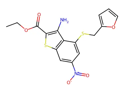 Ethyl 3-amino-4-[(2-furylmethyl)sulfanyl]-6-nitro-1-benzothiophene-2-carboxylate structure