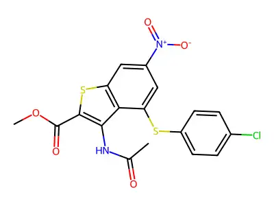 methyl 3-(acetylamino)-4-[(4-chlorophenyl)sulfanyl]-6-nitro-1-benzothiophene-2-carboxylate structure
