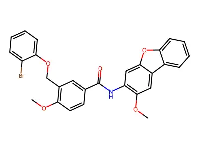 3-[(2-bromophenoxy)methyl]-4-methoxy-N-(2-methoxydibenzofuran-3-yl)benzamide structure