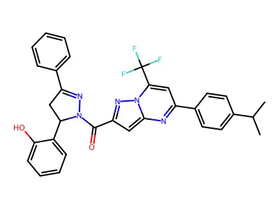 [3-(2-hydroxyphenyl)-5-phenyl-3,4-dihydropyrazol-2-yl]-[5-(4-propan-2-ylphenyl)-7-(trifluoromethyl)pyrazolo[1,5-a]pyrimidin-2-yl]methanone structure