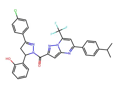 [5-(4-chlorophenyl)-3-(2-hydroxyphenyl)-3,4-dihydropyrazol-2-yl]-[5-(4-propan-2-ylphenyl)-7-(trifluoromethyl)pyrazolo[1,5-a]pyrimidin-2-yl]methanone structure