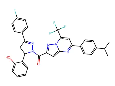 [5-(4-fluorophenyl)-3-(2-hydroxyphenyl)-3,4-dihydropyrazol-2-yl]-[5-(4-propan-2-ylphenyl)-7-(trifluoromethyl)pyrazolo[1,5-a]pyrimidin-2-yl]methanone structure