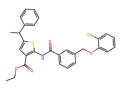 ethyl 2-({3-[(2-chlorophenoxy)methyl]benzoyl}amino)-5-(1-phenylethyl)-3-thiophenecarboxylate structure