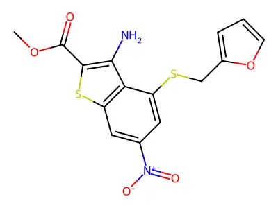 methyl 3-amino-4-[(2-furylmethyl)sulfanyl]-6-nitro-1-benzothiophene-2-carboxylate structure