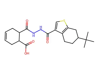 6-({2-[(6-tert-butyl-4,5,6,7-tetrahydro-1-benzothiophen-3-yl)carbonyl]hydrazinyl}carbonyl)cyclohex-3-ene-1-carboxylic acid structure