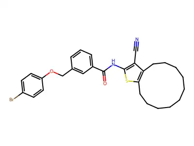 3-[(4-bromophenoxy)methyl]-N-(3-cyano-4,5,6,7,8,9,10,11,12,13-decahydrocyclododeca[b]thiophen-2-yl)benzamide structure