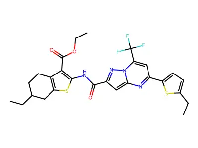 ethyl 6-ethyl-2-({[5-(5-ethyl-2-thienyl)-7-(trifluoromethyl)pyrazolo[1,5-a]pyrimidin-2-yl]carbonyl}amino)-4,5,6,7-tetrahydro-1-benzothiophene-3-carboxylate structure