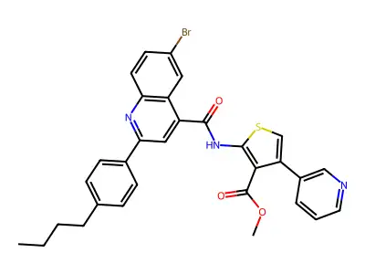 methyl 2-[[6-bromo-2-(4-butylphenyl)quinoline-4-carbonyl]amino]-4-(3-pyridyl)thiophene-3-carboxylate structure