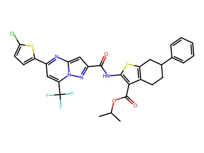 1-Methylethyl 2-[[[5-(5-chloro-2-thienyl)-7-(trifluoromethyl)pyrazolo[1,5-a]pyrimidin-2-yl]carbonyl]amino]-4,5,6,7-tetrahydro-6-phenylbenzo[b]thiophene-3-carboxylate structure