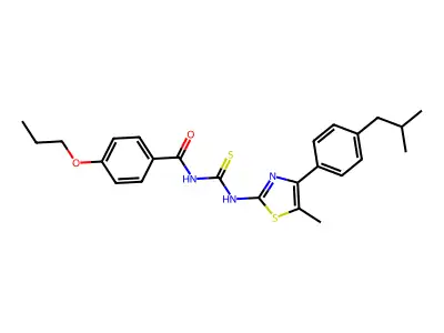 N-[[5-methyl-4-[4-(2-methylpropyl)phenyl]-1,3-thiazol-2-yl]carbamothioyl]-4-propoxybenzamide structure