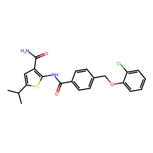 2-({4-[(2-Chlorophenoxy)methyl]benzoyl}amino)-5-isopropyl-3-thiophenecarboxamide structure