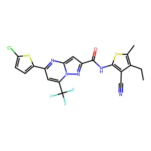 5-(5-chloro-2-thienyl)-N-(3-cyano-4-ethyl-5-methyl-2-thienyl)-7-(trifluoromethyl)pyrazolo[1,5-a]pyrimidine-2-carboxamide structure