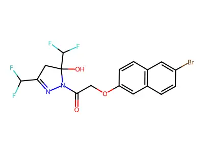 1-[3,5-bis(difluoromethyl)-5-hydroxy-4H-pyrazol-1-yl]-2-(6-bromonaphthalen-2-yl)oxyethanone structure