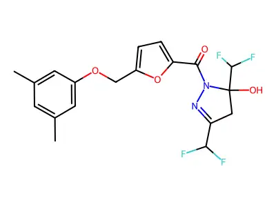 [3,5-bis(difluoromethyl)-5-hydroxy-4H-pyrazol-1-yl]-[5-[(3,5-dimethylphenoxy)methyl]furan-2-yl]methanone structure