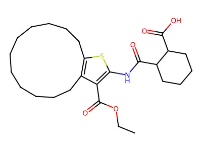 2-({[3-(ethoxycarbonyl)-5,6,7,8,9,10,11,12,13,14-decahydro-4H-cyclotrideca[b]thien-2-yl]amino}carbonyl)cyclohexanecarboxylic acid structure