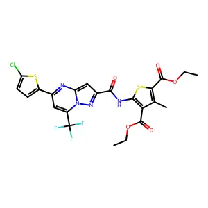 diethyl 5-({[5-(5-chlorothiophen-2-yl)-7-(trifluoromethyl)pyrazolo[1,5-a]pyrimidin-2-yl]carbonyl}amino)-3-methylthiophene-2,4-dicarboxylate structure