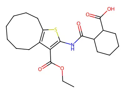 2-{[3-(ethoxycarbonyl)-5,6,7,8,9,10-hexahydro-4H-cyclonona[b]thiophen-2-yl]carbamoyl}cyclohexanecarboxylic acid structure