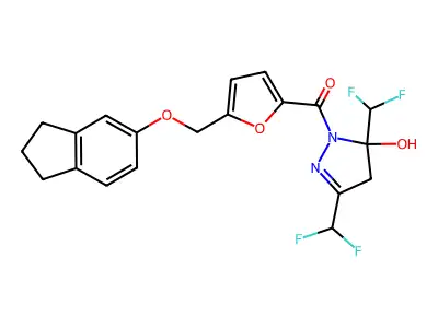 [3,5-bis(difluoromethyl)-5-hydroxy-4H-pyrazol-1-yl]-[5-(2,3-dihydro-1H-inden-5-yloxymethyl)furan-2-yl]methanone structure