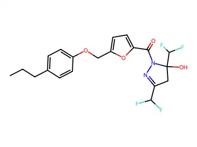 [3,5-bis(difluoromethyl)-5-hydroxy-4H-pyrazol-1-yl]-[5-[(4-propylphenoxy)methyl]furan-2-yl]methanone structure