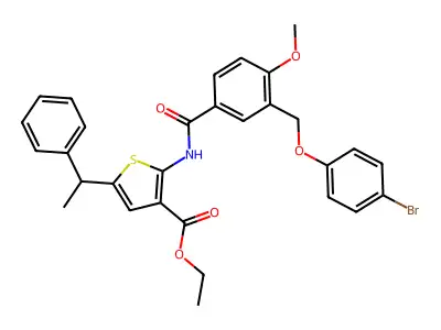 ethyl 2-({3-[(4-bromophenoxy)methyl]-4-methoxybenzoyl}amino)-5-(1-phenylethyl)-3-thiophenecarboxylate structure