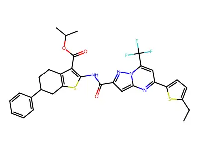 isopropyl 2-({[5-(5-ethyl-2-thienyl)-7-(trifluoromethyl)pyrazolo[1,5-a]pyrimidin-2-yl]carbonyl}amino)-6-phenyl-4,5,6,7-tetrahydro-1-benzothiophene-3-carboxylate structure
