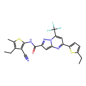 N-(3-cyano-4-ethyl-5-methylthiophen-2-yl)-5-(5-ethylthiophen-2-yl)-7-(trifluoromethyl)pyrazolo[1,5-a]pyrimidine-2-carboxamide structure