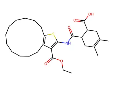 6-({[3-(ethoxycarbonyl)-5,6,7,8,9,10,11,12,13,14-decahydro-4H-cyclotrideca[b]thien-2-yl]amino}carbonyl)-3,4-dimethyl-3-cyclohexene-1-carboxylic acid structure