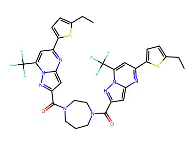 [4-[5-(5-ethylthiophen-2-yl)-7-(trifluoromethyl)pyrazolo[1,5-a]pyrimidine-2-carbonyl]-1,4-diazepan-1-yl]-[5-(5-ethylthiophen-2-yl)-7-(trifluoromethyl)pyrazolo[1,5-a]pyrimidin-2-yl]methanone structure