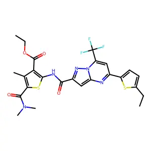 ethyl 5-(dimethylcarbamoyl)-2-({[5-(5-ethylthiophen-2-yl)-7-(trifluoromethyl)pyrazolo[1,5-a]pyrimidin-2-yl]carbonyl}amino)-4-methylthiophene-3-carboxylate structure