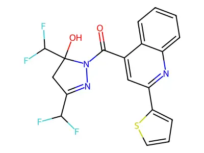 [3,5-bis(difluoromethyl)-5-hydroxy-4H-pyrazol-1-yl]-(2-thiophen-2-ylquinolin-4-yl)methanone structure
