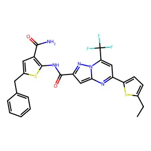 N-(5-benzyl-3-carbamoylthiophen-2-yl)-5-(5-ethylthiophen-2-yl)-7-(trifluoromethyl)pyrazolo[1,5-a]pyrimidine-2-carboxamide structure