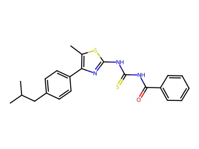 N-benzoyl-N'-[4-(4-isobutylphenyl)-5-methyl-1,3-thiazol-2-yl]thiourea structure