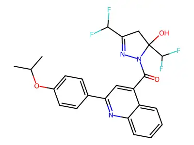 [3,5-bis(difluoromethyl)-5-hydroxy-4H-pyrazol-1-yl]-[2-(4-propan-2-yloxyphenyl)quinolin-4-yl]methanone structure