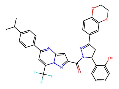 [5-(2,3-dihydro-1,4-benzodioxin-6-yl)-3-(2-hydroxyphenyl)-3,4-dihydropyrazol-2-yl]-[5-(4-propan-2-ylphenyl)-7-(trifluoromethyl)pyrazolo[1,5-a]pyrimidin-2-yl]methanone structure