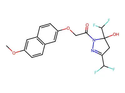 1-[3,5-bis(difluoromethyl)-5-hydroxy-4H-pyrazol-1-yl]-2-(6-methoxynaphthalen-2-yl)oxyethanone structure