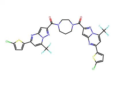 [4-[5-(5-chlorothiophen-2-yl)-7-(trifluoromethyl)pyrazolo[1,5-a]pyrimidine-2-carbonyl]-1,4-diazepan-1-yl]-[5-(5-chlorothiophen-2-yl)-7-(trifluoromethyl)pyrazolo[1,5-a]pyrimidin-2-yl]methanone structure