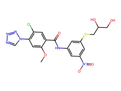 5-chloro-N-[3-(2,3-dihydroxypropylsulfanyl)-5-nitrophenyl]-2-methoxy-4-(tetrazol-1-yl)benzamide structure