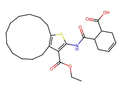 6-({[3-(ethoxycarbonyl)-5,6,7,8,9,10,11,12,13,14-decahydro-4H-cyclotrideca[b]thien-2-yl]amino}carbonyl)-3-cyclohexene-1-carboxylic acid structure