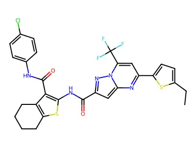 N-[3-[(4-chlorophenyl)carbamoyl]-4,5,6,7-tetrahydro-1-benzothiophen-2-yl]-5-(5-ethylthiophen-2-yl)-7-(trifluoromethyl)pyrazolo[1,5-a]pyrimidine-2-carboxamide structure