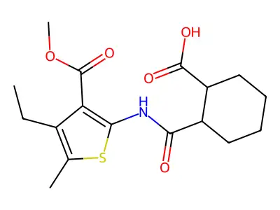 2-({[4-ethyl-3-(methoxycarbonyl)-5-methyl-2-thienyl]amino}carbonyl)cyclohexanecarboxylic acid structure