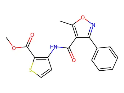 methyl 3-[(5-methyl-3-phenyl-1,2-oxazole-4-carbonyl)amino]thiophene-2-carboxylate structure