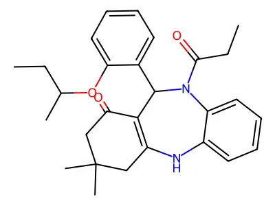 6-(2-butan-2-yloxyphenyl)-9,9-dimethyl-5-propanoyl-6,8,10,11-tetrahydrobenzo[b][1,4]benzodiazepin-7-one structure