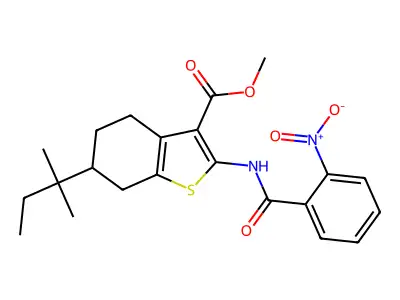methyl 6-(2-methylbutan-2-yl)-2-[(2-nitrobenzoyl)amino]-4,5,6,7-tetrahydro-1-benzothiophene-3-carboxylate structure