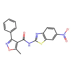N-{6-nitro-1,3-benzothiazol-2-yl}-5-methyl-3-phenyl-4-isoxazolecarboxamide structure