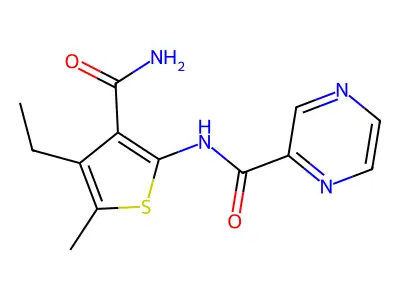 N-(3-carbamoyl-4-ethyl-5-methylthiophen-2-yl)pyrazine-2-carboxamide structure