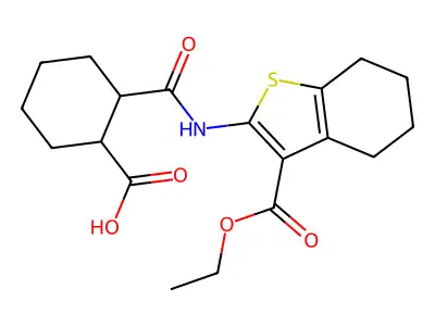 2-{[3-(ethoxycarbonyl)-4,5,6,7-tetrahydro-1-benzothiophen-2-yl]carbamoyl}cyclohexanecarboxylic acid structure