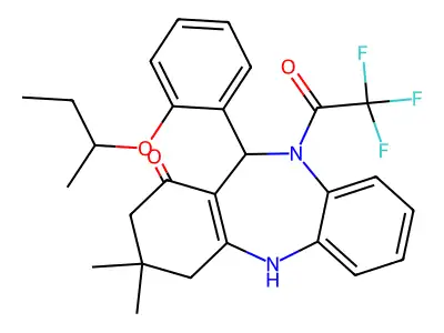 6-(2-butan-2-yloxyphenyl)-9,9-dimethyl-5-(2,2,2-trifluoroacetyl)-6,8,10,11-tetrahydrobenzo[b][1,4]benzodiazepin-7-one structure